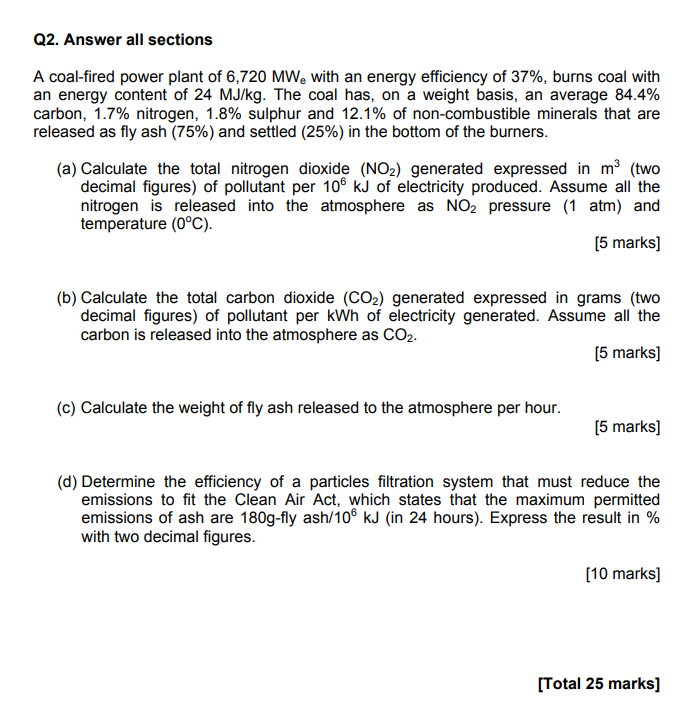 Solved Q2. Answer All Sections A Coal-fired Power Plant Of | Chegg.com