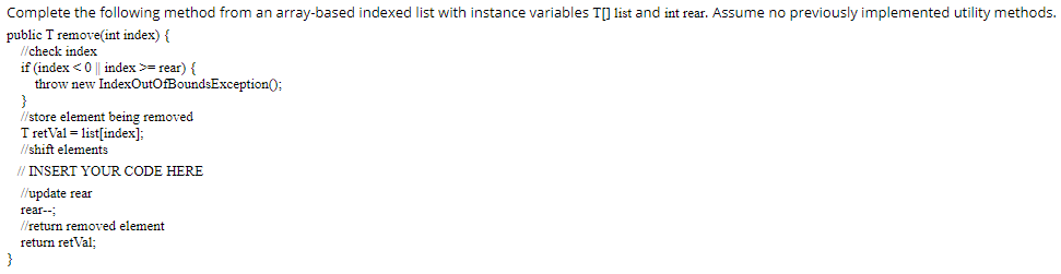 Solved Complete the following method from an array-based | Chegg.com