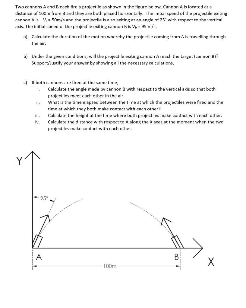 Solved Two cannons A and B each fire a projectile as shown | Chegg.com