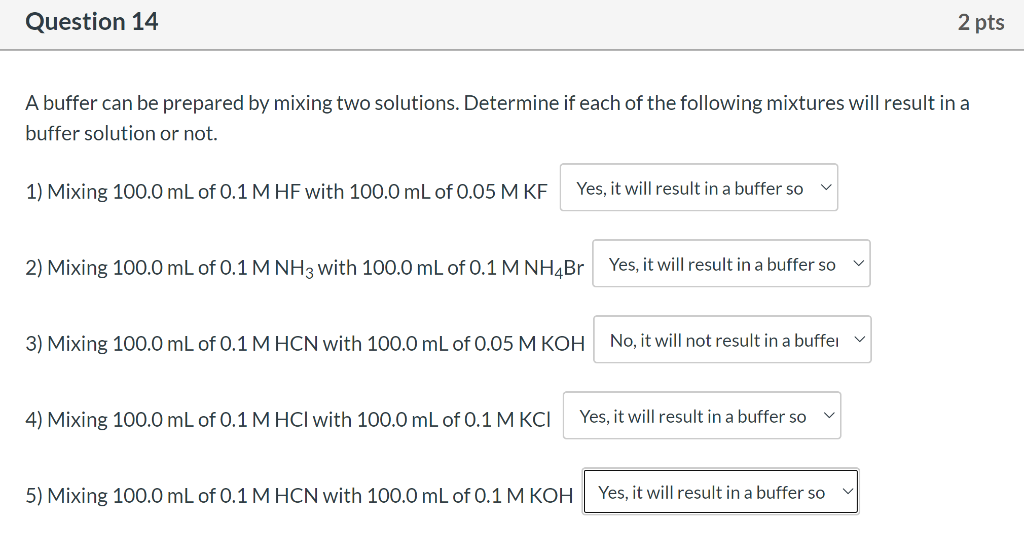 Solved Question 14 2 pts A buffer can be prepared by mixing 