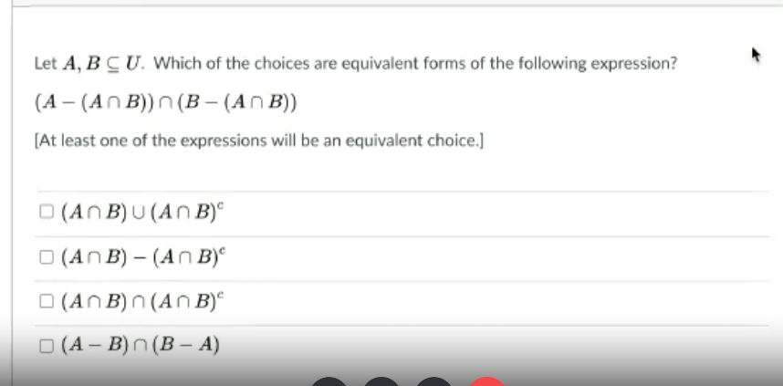 Solved Let A, B CU. Which Of The Choices Are Equivalent | Chegg.com