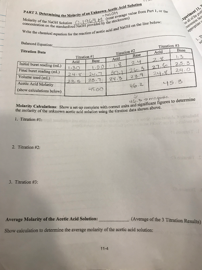 Solved Experiment 11, Titrations Report Sheet