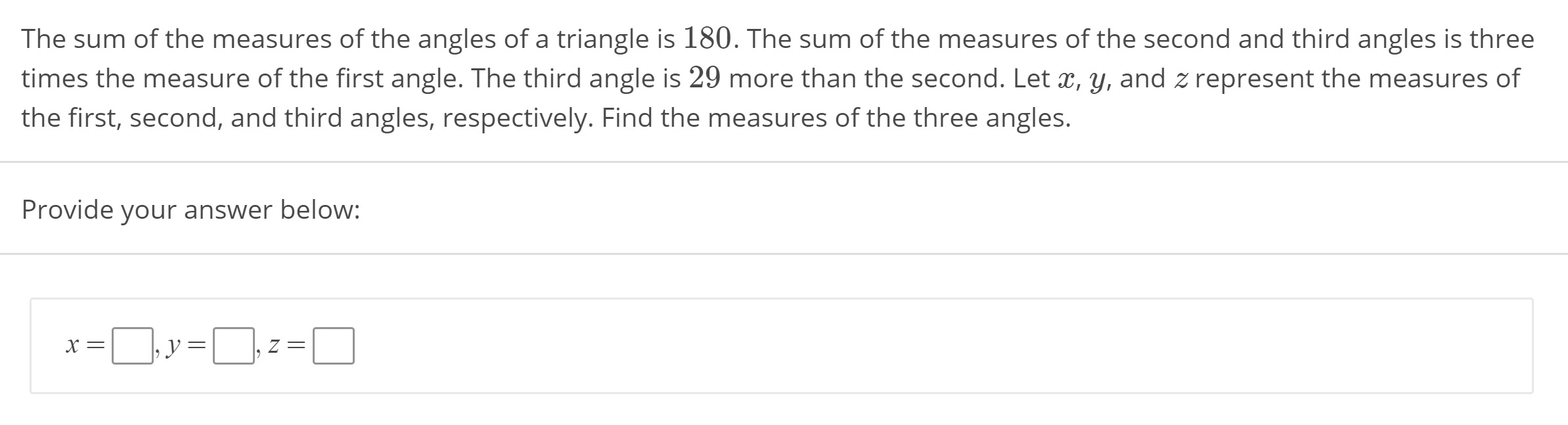 the sum of measure of three angles of a triangle is dash