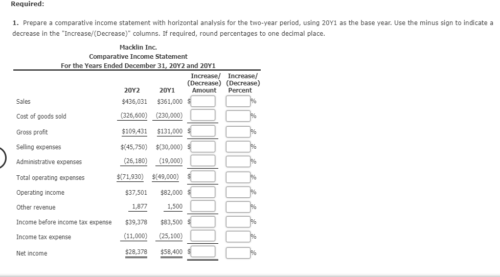 Solved Horizontal Analysis of Income Statement For 20Y2, | Chegg.com