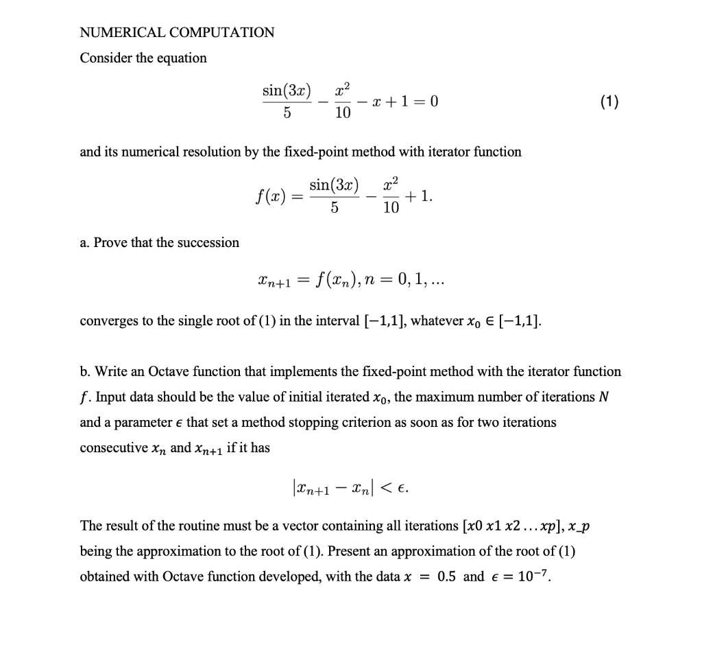 Solved NUMERICAL COMPUTATION Consider the equation sin(3x) 5 | Chegg.com