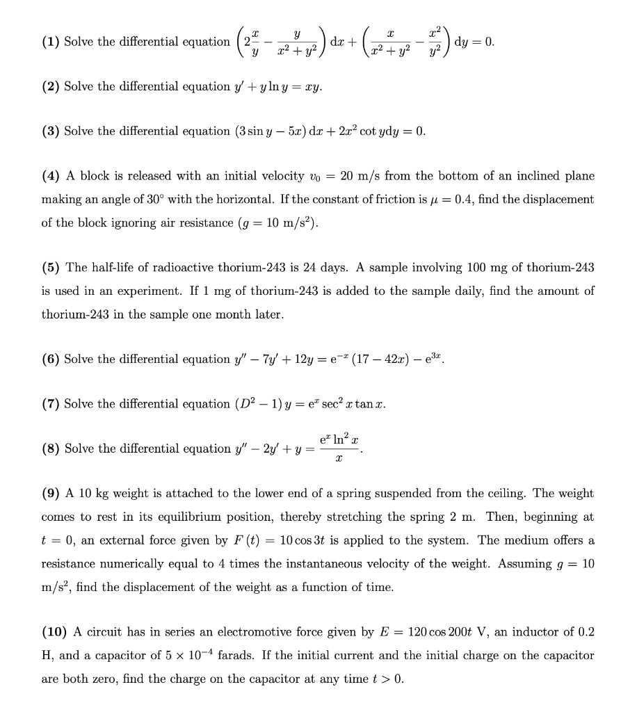 Solved 1 Solve The Differential Equation 2 Dc Dy Chegg Com