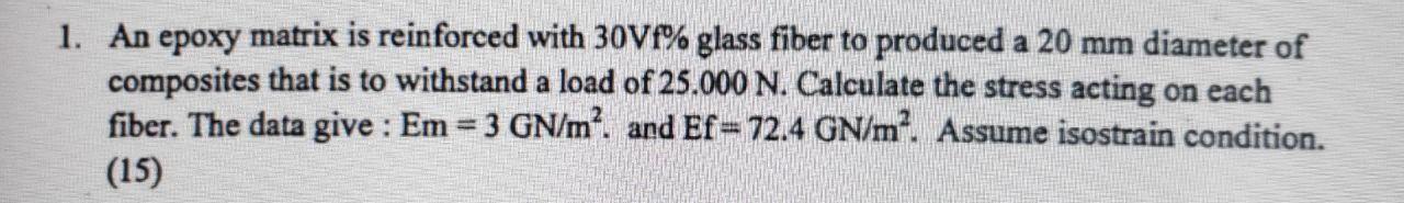 Solved 1. An epoxy matrix is reinforced with 30Vf% glass | Chegg.com