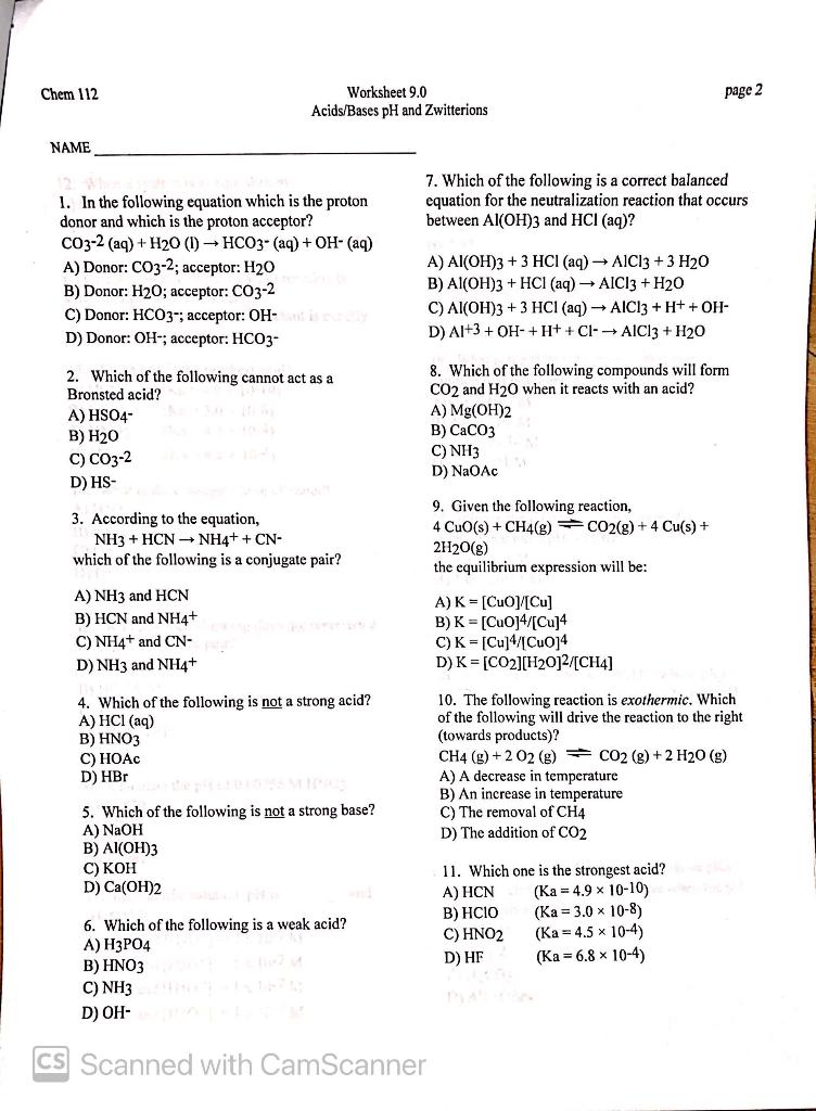 Chem 112 Worksheet 9 0 Acids Bases Ph And Zwitterions Chegg Com