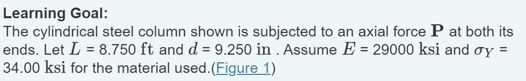 [Solved]: Learning Goal: The cylindrical steel column show