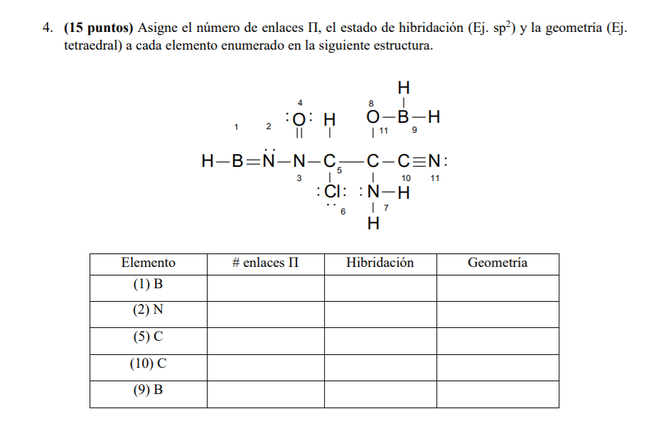 Solved ) Assign the number of bonds Π, the hybridization | Chegg.com