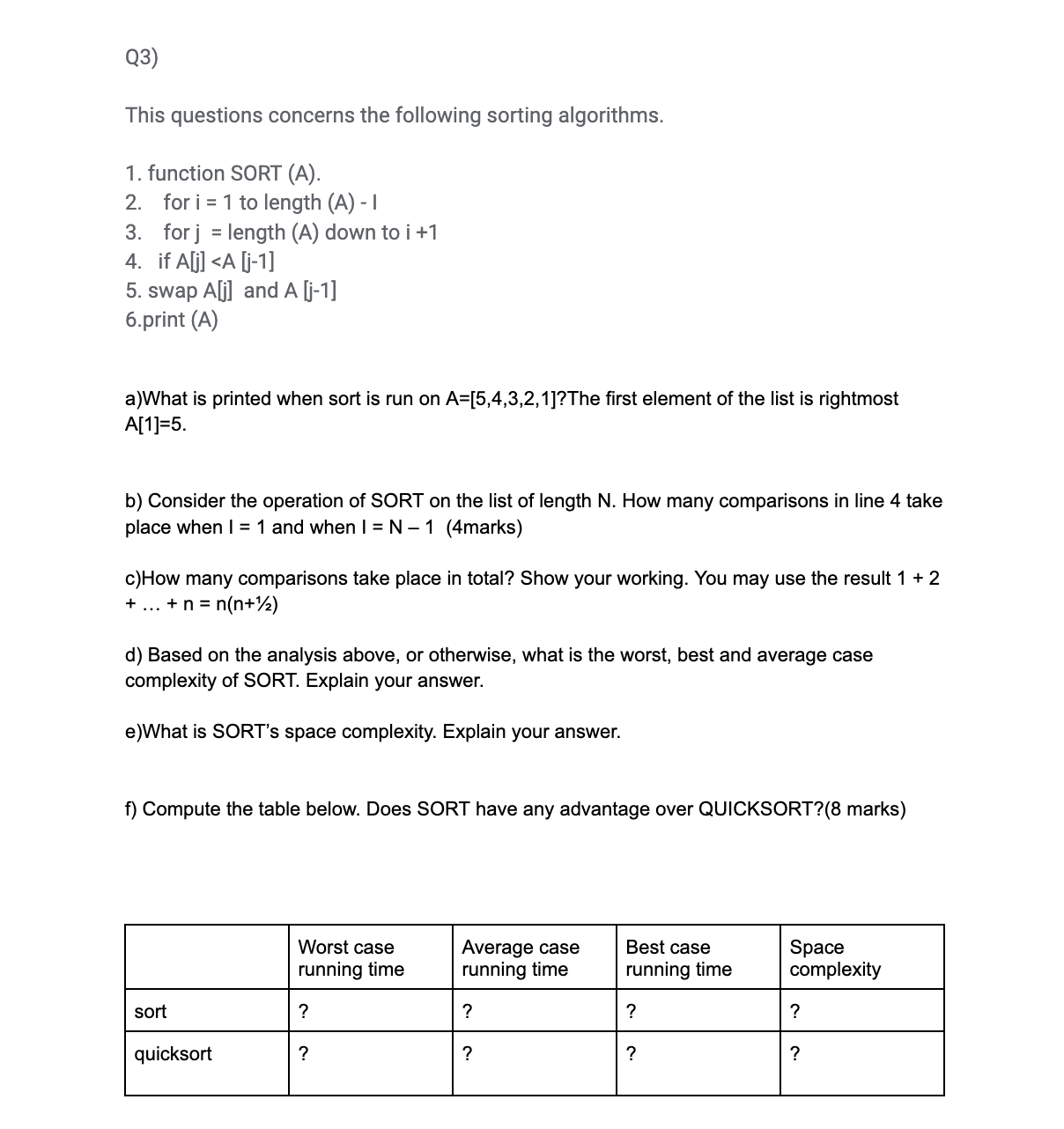 Solved Q3) This Questions Concerns The Following Sorting | Chegg.com