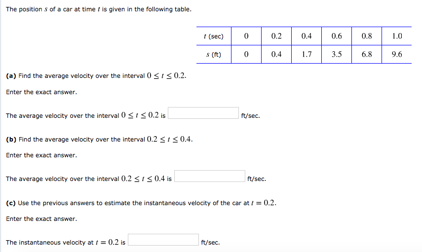 Solved The position s of a car at time t is given in the | Chegg.com