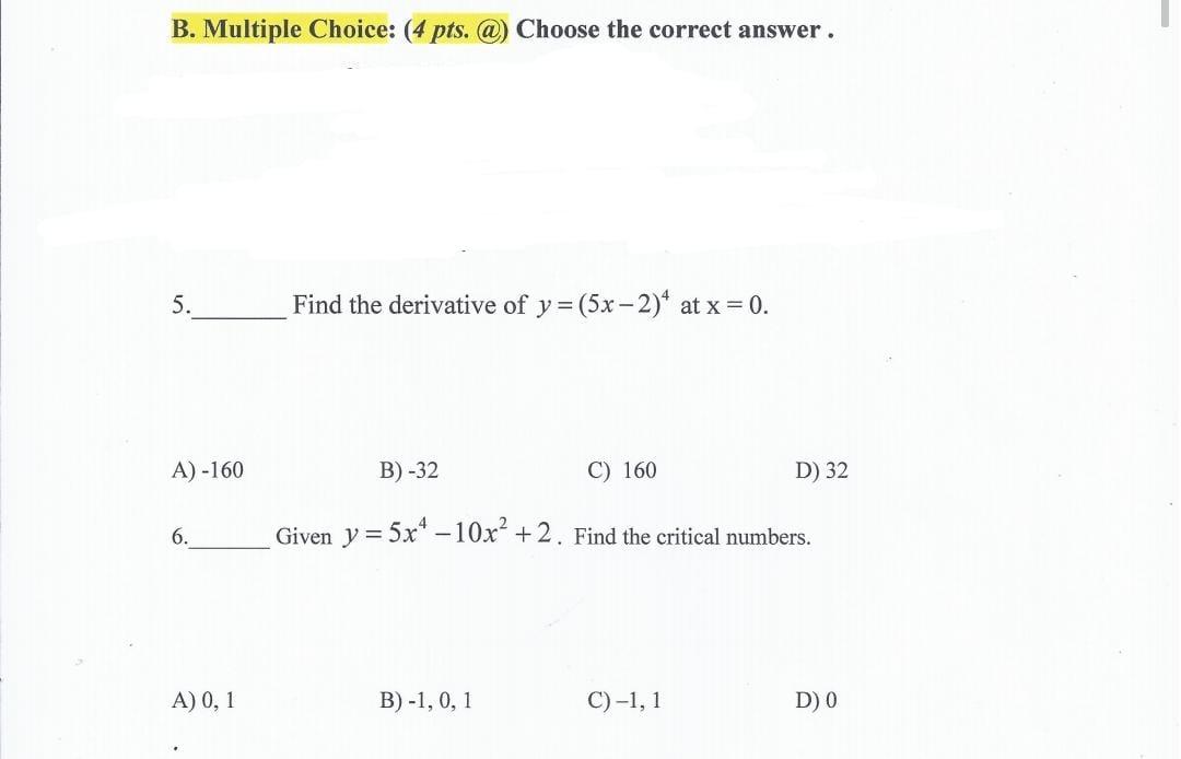 Solved B. Multiple Choice: (4 Pts. @) Choose The Correct | Chegg.com