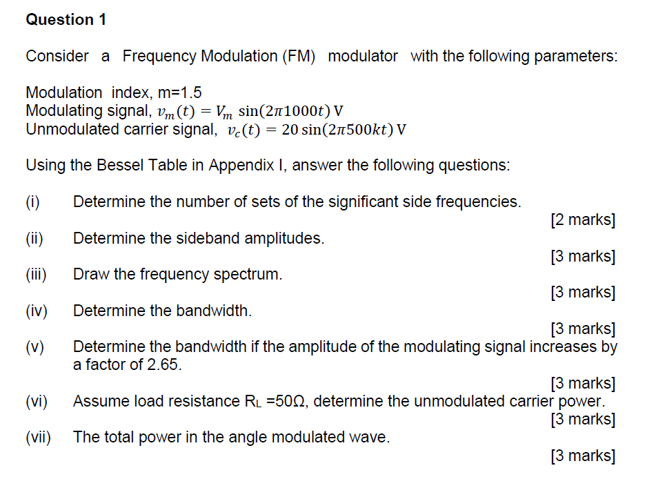 Consider a Frequency Modulation (FM) modulator with the following parameters:
Modulation index, \( \mathrm{m}=1.5 \)
Modulati