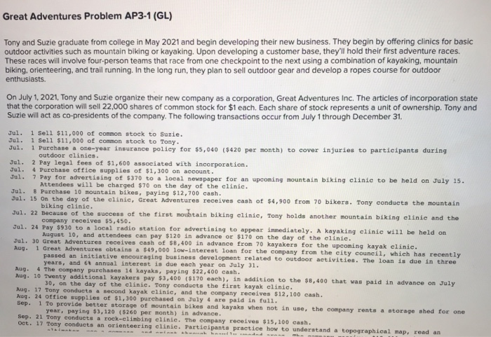 Solved Great Adventures Problem AP3-1 (GL) Tony and Suzie | Chegg.com