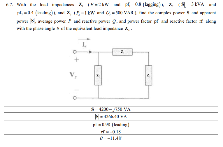 Solved 6 7 With The Load Impedances 2 P 2 Kw And Pf Chegg Com