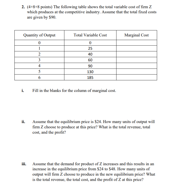 Solved 2. (4+8+8 points) The following table shows the total | Chegg.com