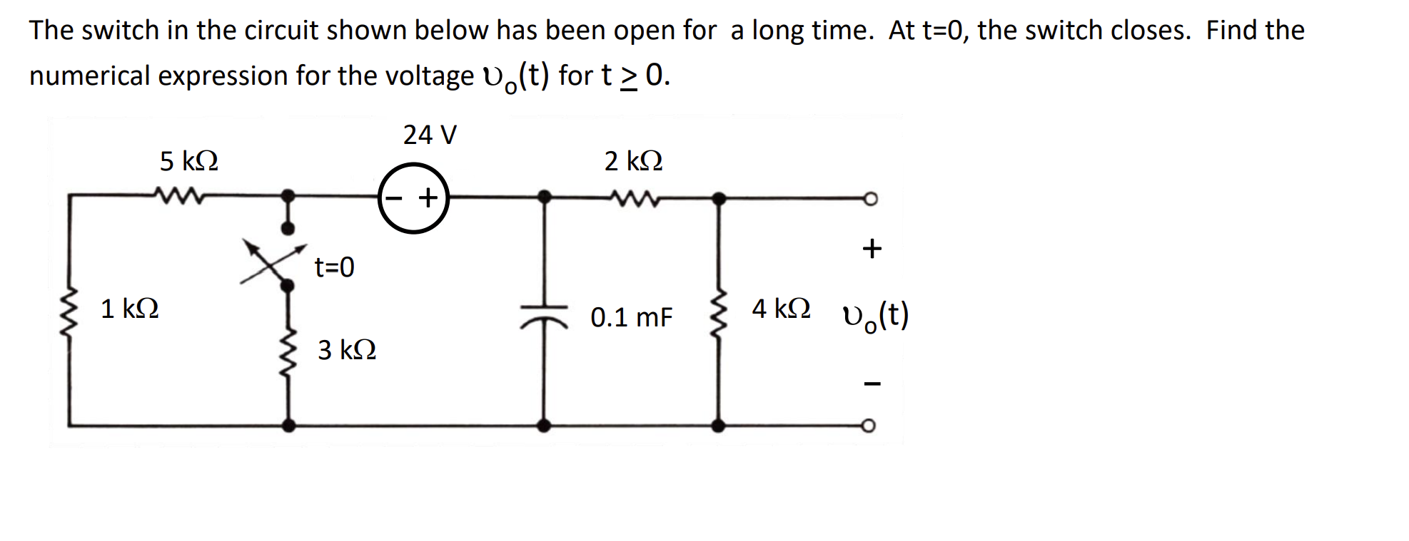 The switch in the circuit shown below has been open for a long time. At \( t=0 \), the switch closes. Find the numerical expr