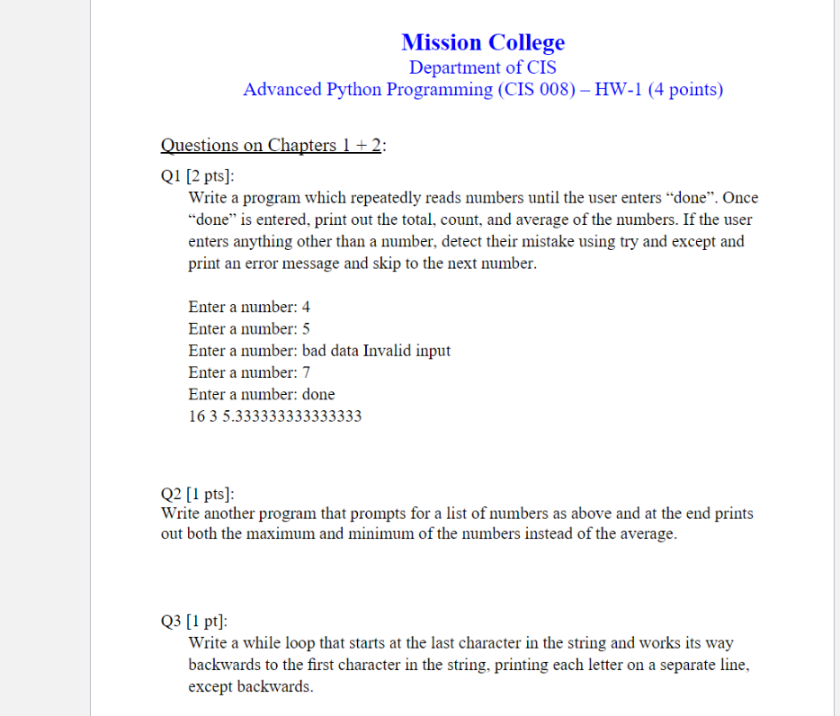 Solved Mission College Department of CIS Advanced Python | Chegg.com