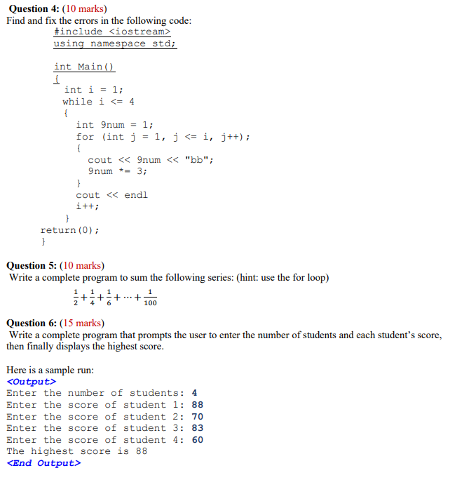 Question 4: (10 marks) Find and fix the errors in the | Chegg.com