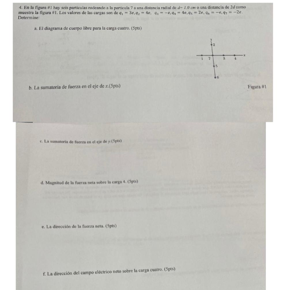 4. En la figura \#1 hay seis particulas rodeando a la particula 7 a una distancia radial de \( d=1.0 \mathrm{~cm} \) o una di