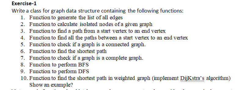 Solved Exercise-1 Write a class for graph data structure | Chegg.com