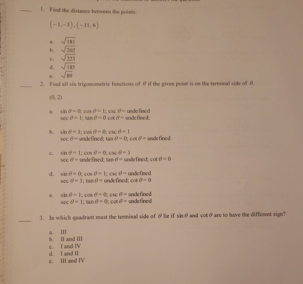 Solved 1. Find The Distance Between The Points: | Chegg.com