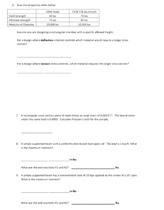 Solved 6. Give the properties table below. Yield Strength | Chegg.com