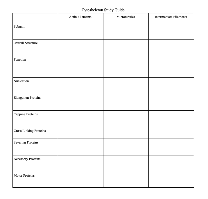 Solved Cytoskeleton Study Guide Actin Filaments Microtubules | Chegg.com