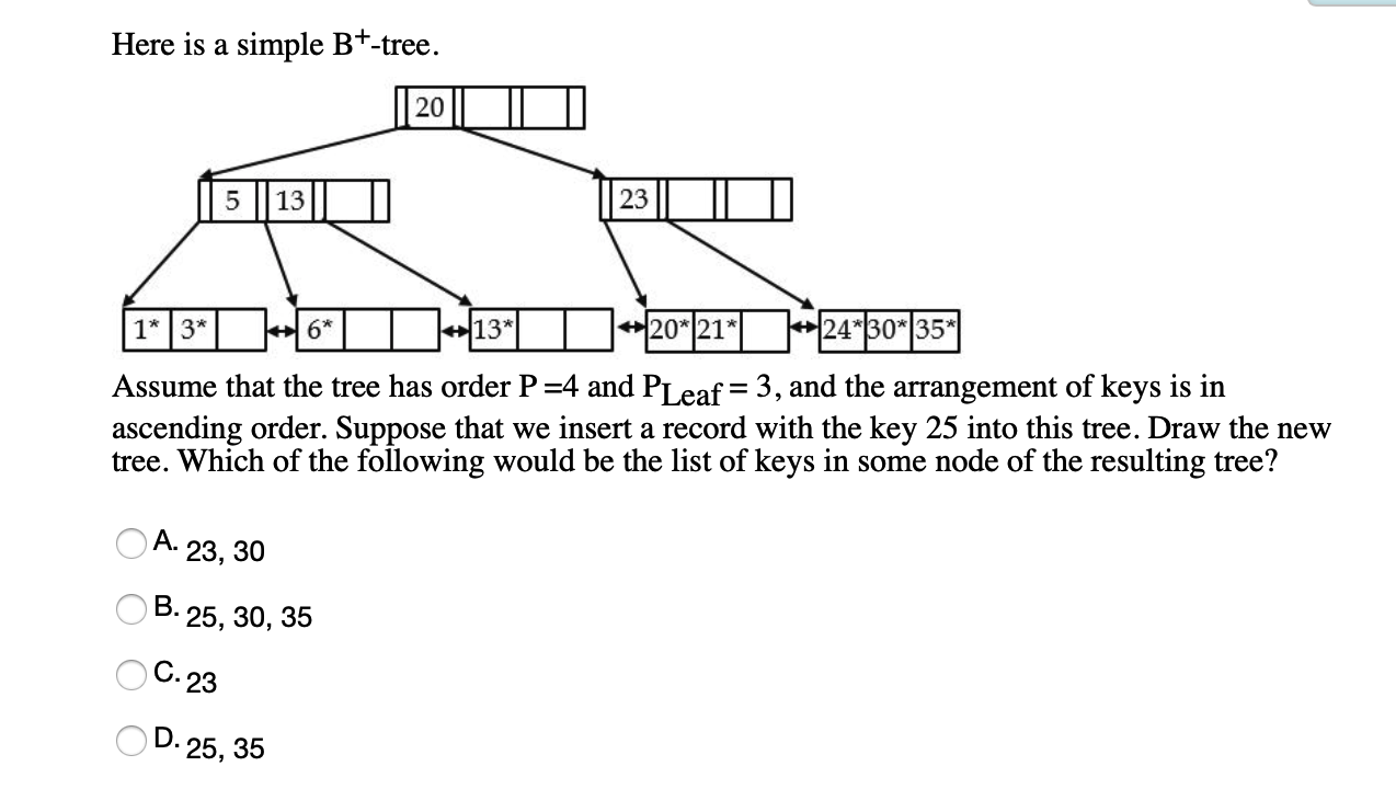 Here is a simple B+-tree. 120| (1* |35| 60|-13| 1-20-1214| 1-24*30*|35* Assume that the tree has order P=4 and PLeaf = 3, and
