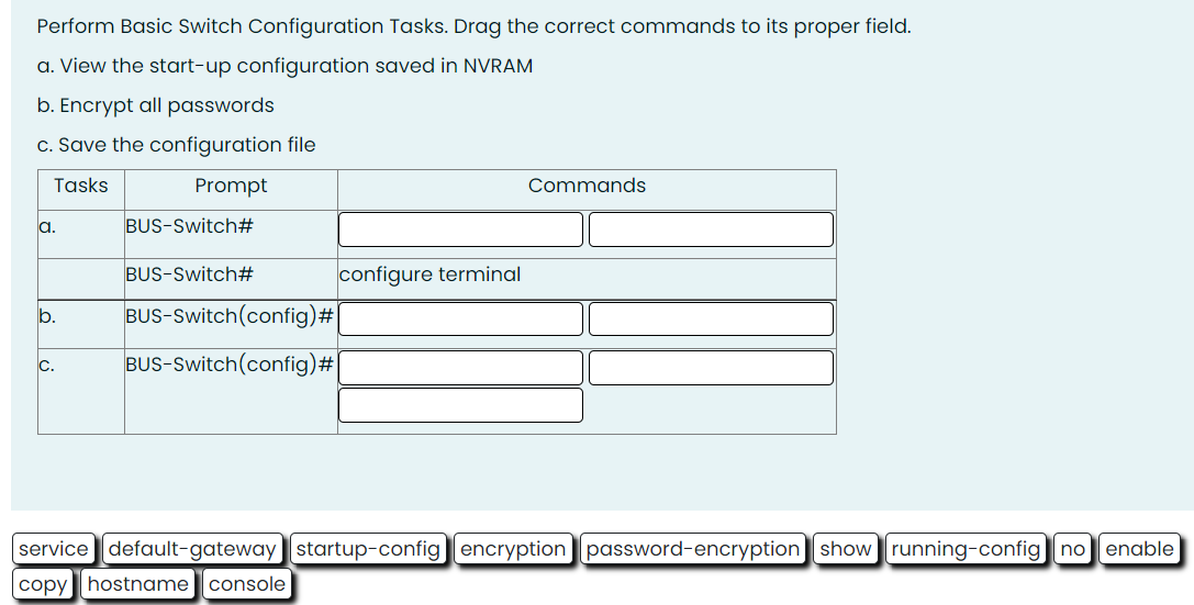 Solved Perform Basic Switch Configuration Tasks. Drag the | Chegg.com