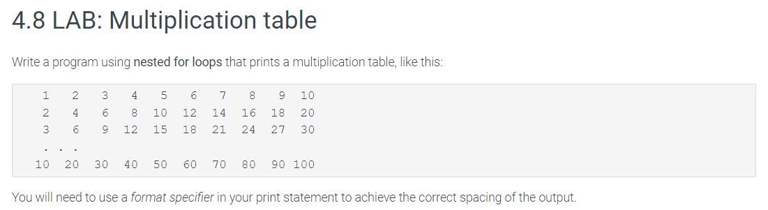 Solved 4.8 LAB: Multiplication table Write a program using | Chegg.com
