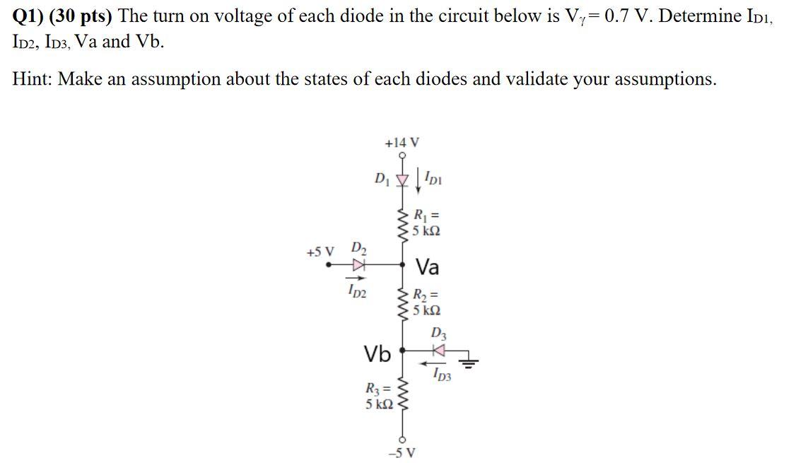 Solved Q1) (30 Pts) The Turn On Voltage Of Each Diode In The | Chegg.com