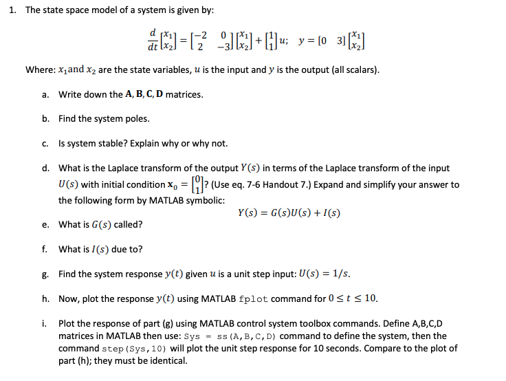 Solved 1. The state space model of a system is given by: a | Chegg.com