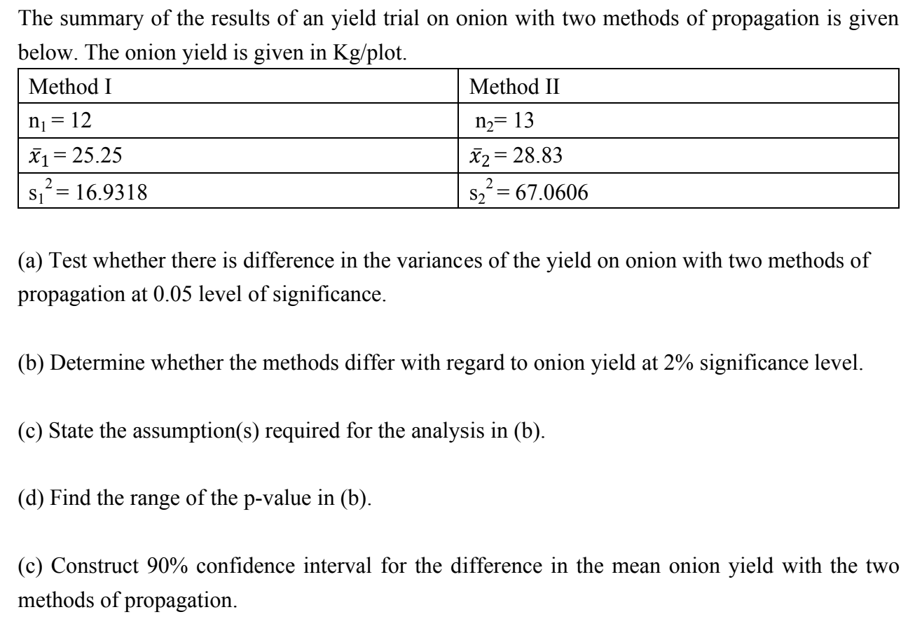 Solved The summary of the results of an yield trial on onion