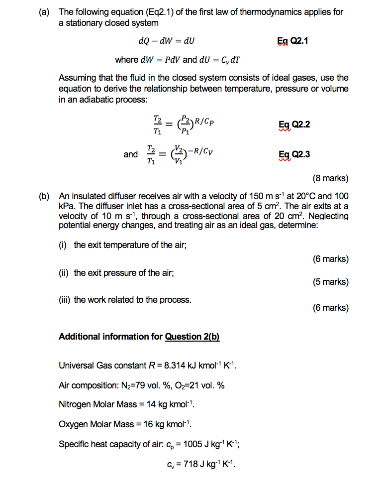 Solved (a) The following equation (Eq2.1) of the first law | Chegg.com