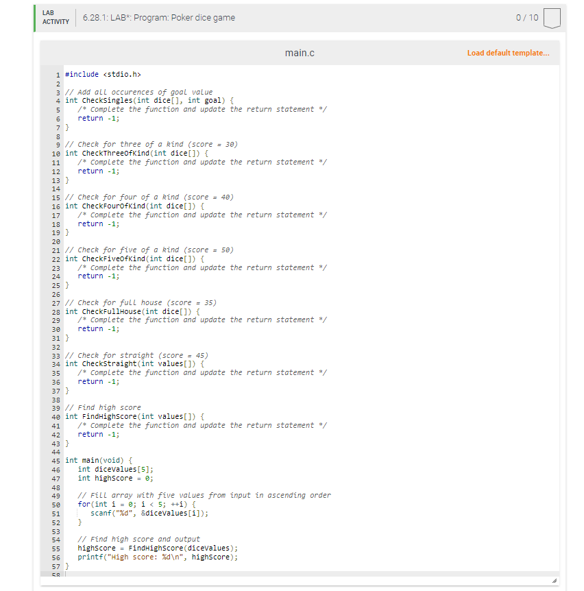 Solved 6.28 LAB*: ∗ Program: Poker dice game Instructor | Chegg.com
