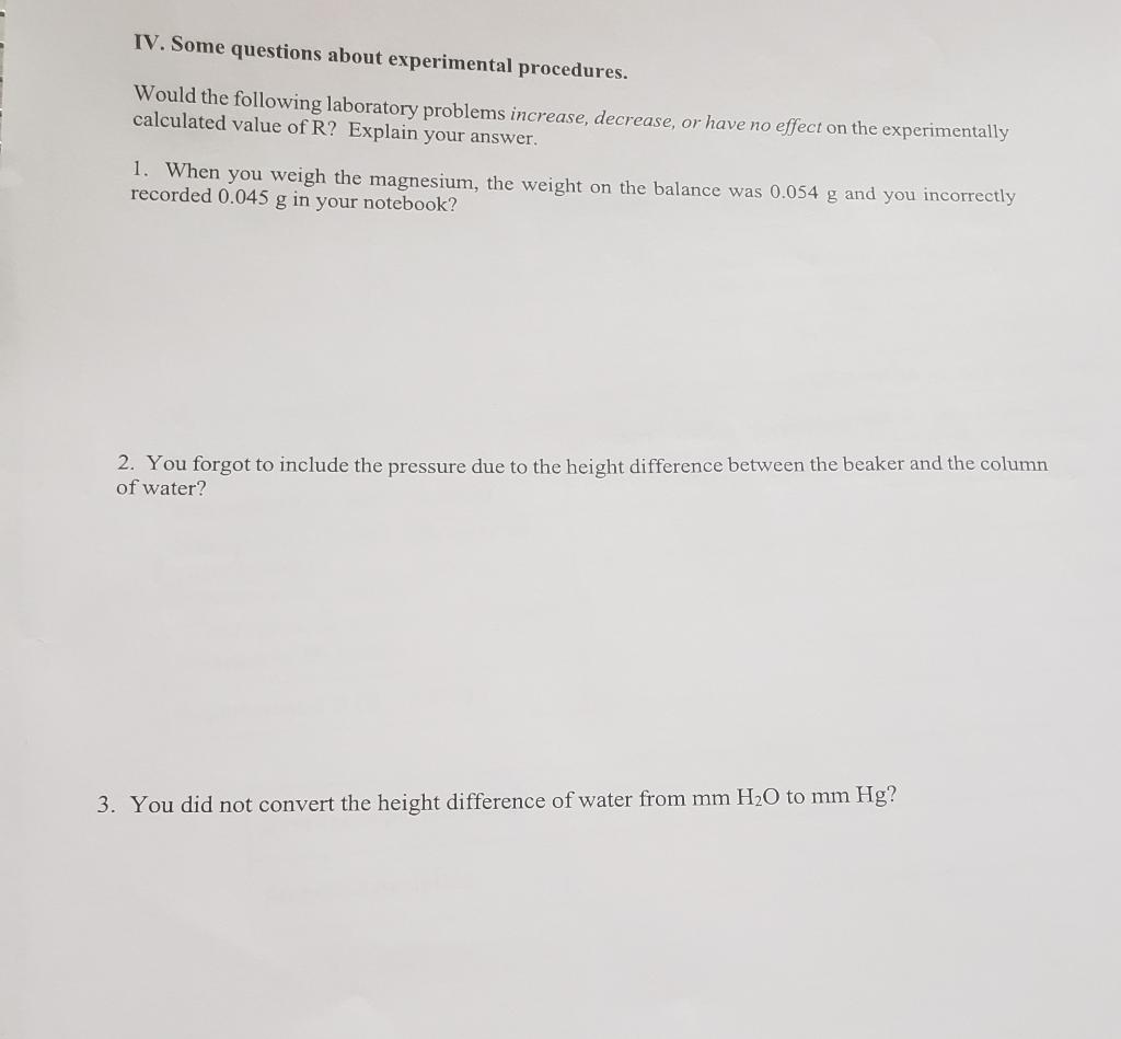 Solved CHEM 2115 Lab Report Experiment 9 Ideal Gas Law Name