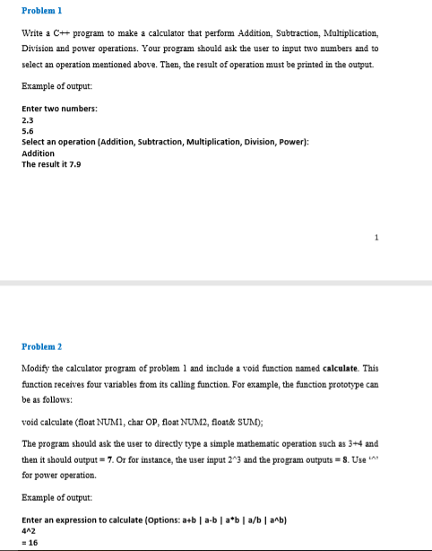 Solved Problem 1 Write a C++ program to make a calculator | Chegg.com