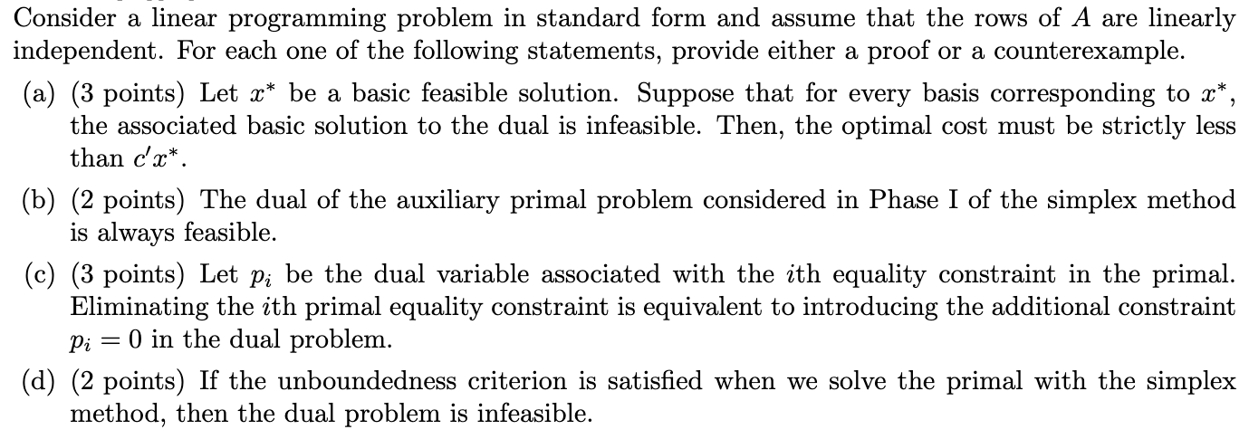 Solved Consider a linear programming problem in standard | Chegg.com