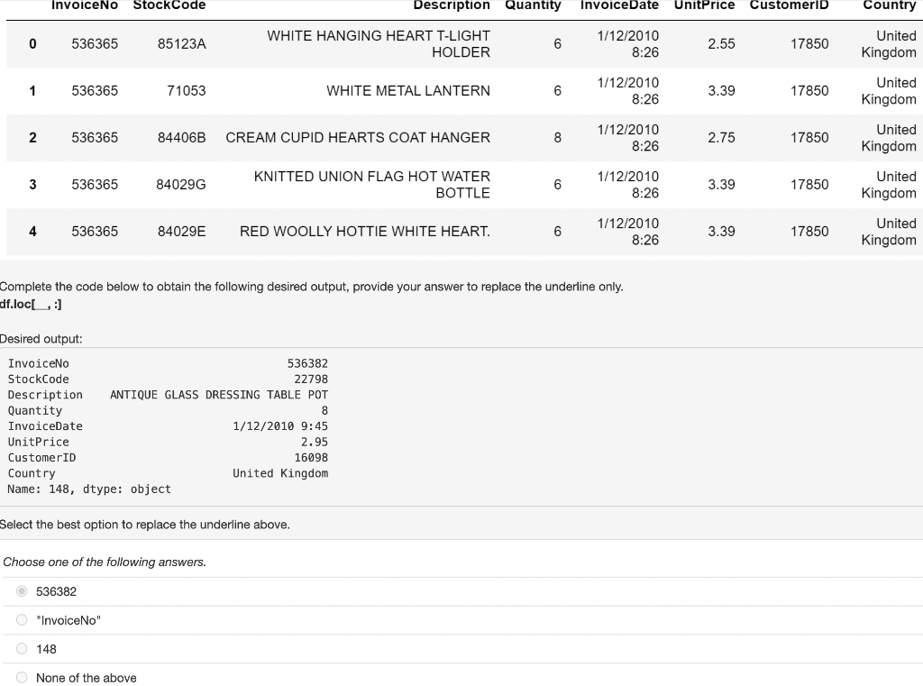 Solved InvoiceNo StockCode Description Quantity InvoiceDate