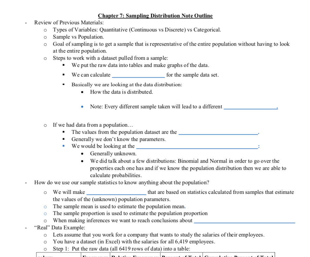 Chapter 7: Sampling Distribution Note Outline Review | Chegg.com