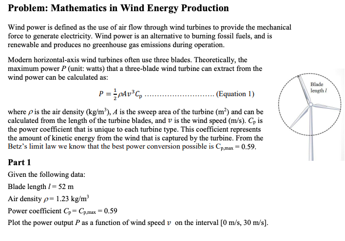 Solved Problem: Mathematics in Wind Energy Production Wind | Chegg.com