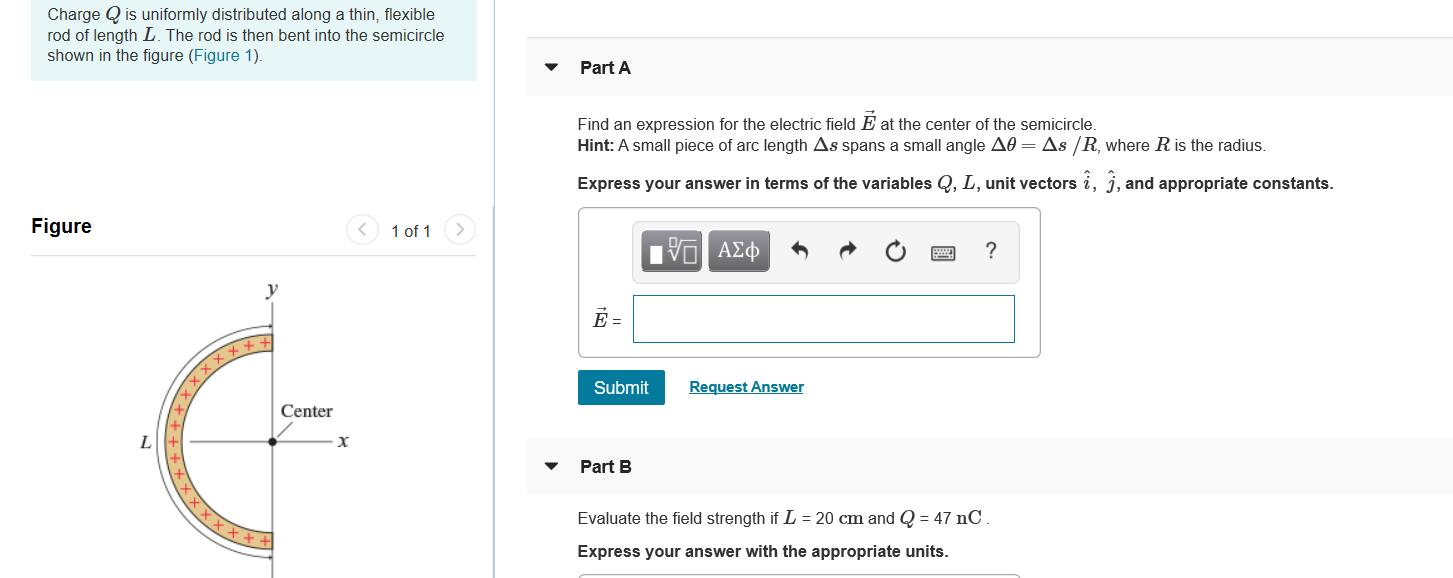 Solved Charge Q is uniformly distributed along a thin, | Chegg.com