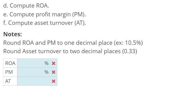 Solved d. Compute ROA. e. Compute profit margin (PM). f. | Chegg.com