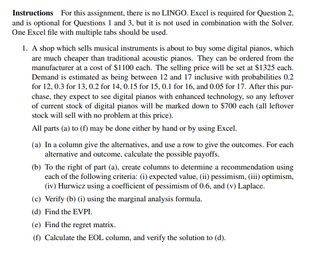 Solved Instructions For this assignment, there is no LINGO. | Chegg.com