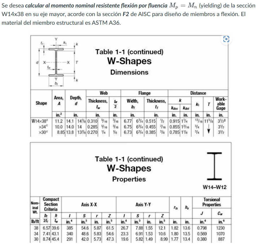 Se desea calcular al momento nominal resistente flexión por fluencia \( M_{p}=M_{n} \) (yielding) de la sección W14x38 en su