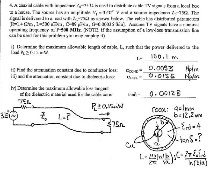 4. A coaxial cable with impedance Z-752 is used to | Chegg.com