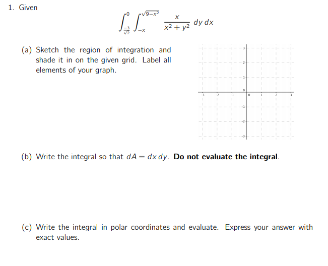 Solved 1. Given х dy dx x2 + y2 (a) Sketch the region of | Chegg.com