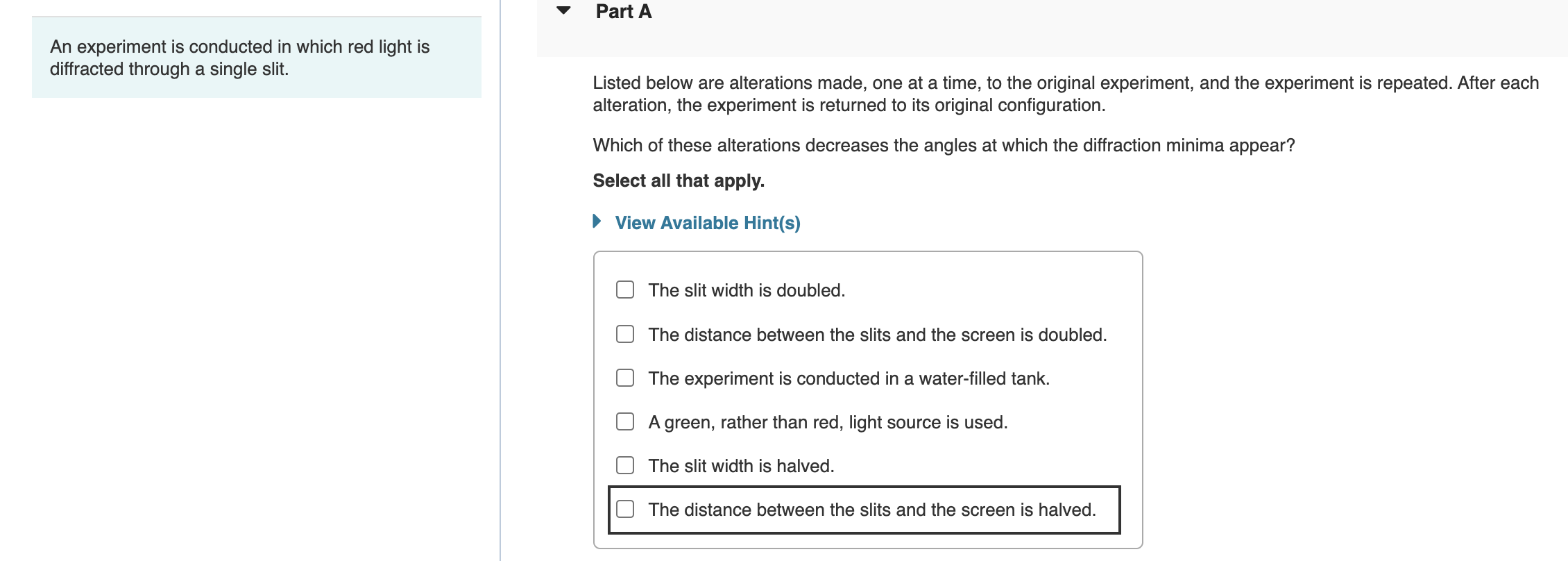 Solved An experiment is conducted in which red light is | Chegg.com